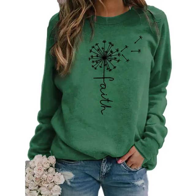 Ladies Faith Letter Print Round Neck Long Sleeve T shirt Green - Shop at LoveMi