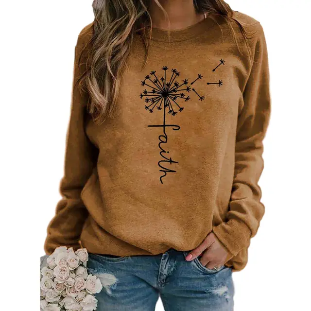 Ladies Faith Letter Print Round Neck Long Sleeve T shirt Yellow - Shop at LoveMi