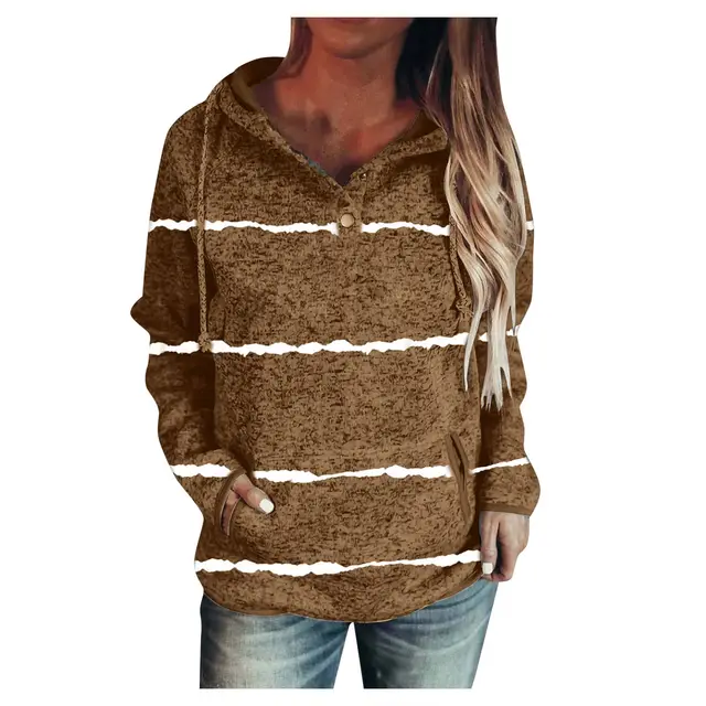 Solid Color Striped Hooded Pullover Long Sleeve Sweater Brown - Shop at LoveMi
