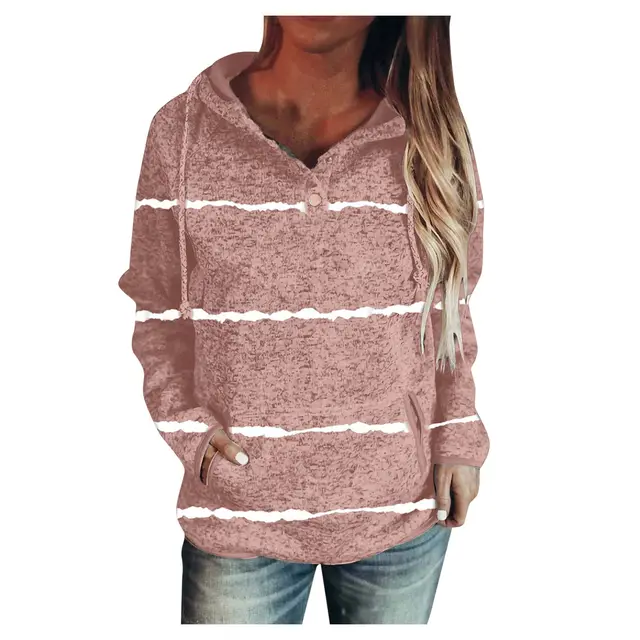 Solid Color Striped Hooded Pullover Long Sleeve Sweater Pink - Shop at LoveMi