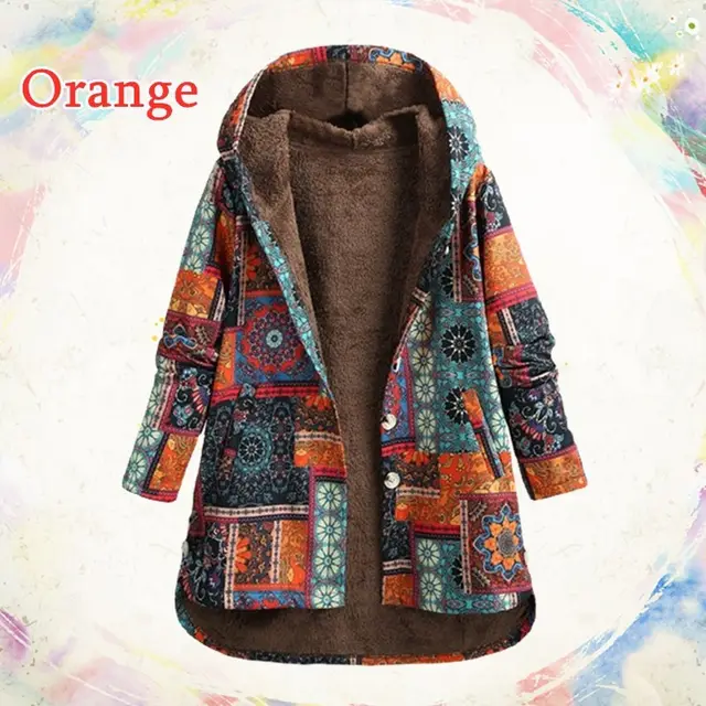 Retro Ethnic Floral Print Plus Size Cotton Jacket - Orange
