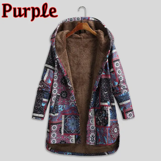 Retro Ethnic Floral Print Plus Size Cotton Jacket Purple - Shop at LoveMi