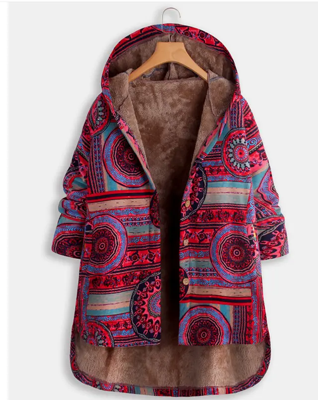 Retro Ethnic Floral Print Plus Size Cotton Jacket Wine Red - Shop at LoveMi
