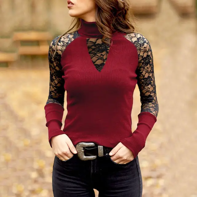 Long Sleeve Lace Patchwork Slim Top Red - Shop at LoveMi