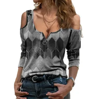 Printed Off-Shoulder Long-Sleeved T-Shirt - Grey