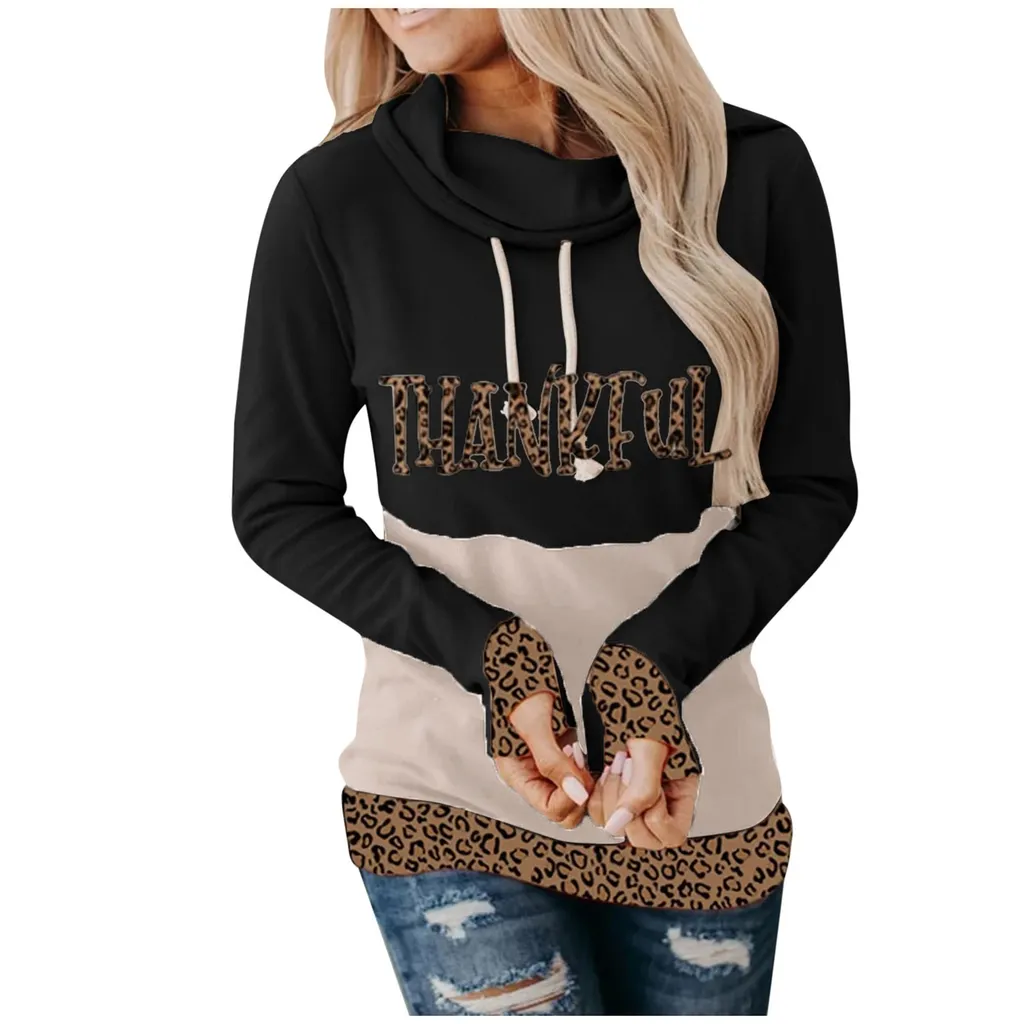 Printed Letters Leopard Print Trendy Ladies Sweater - Black