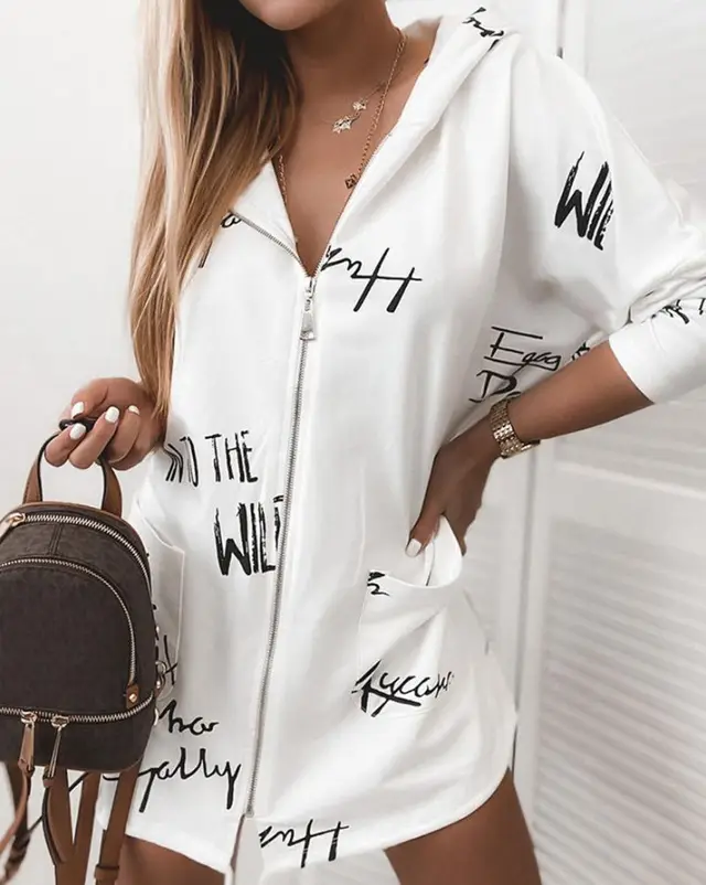 Letter Print Zipper Hoodie Windbreaker Jacket Women White - Shop at LoveMi