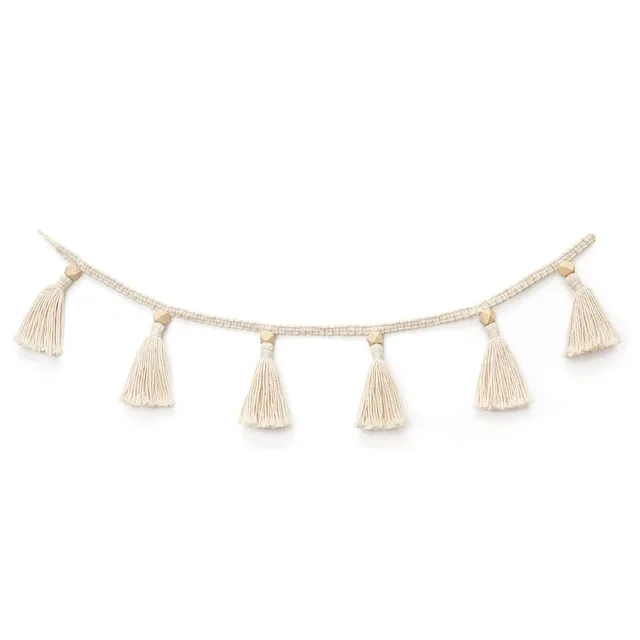 Boho Macrame Hand Woven Cotton Garland with Wooden Beads Tassel Belly Basket Decorations Home Wall Hangings Decor Craft Beige - Shop at LoveMi