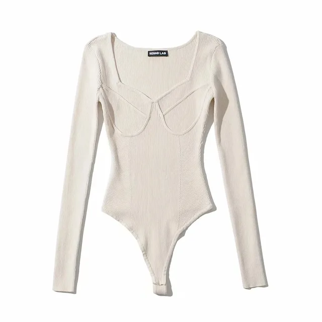 Korean Slim fit U neck Geometric Three dimensional Textured Long Sleeve Knitted One piece with Concealed Button Beige - Shop at LoveMi