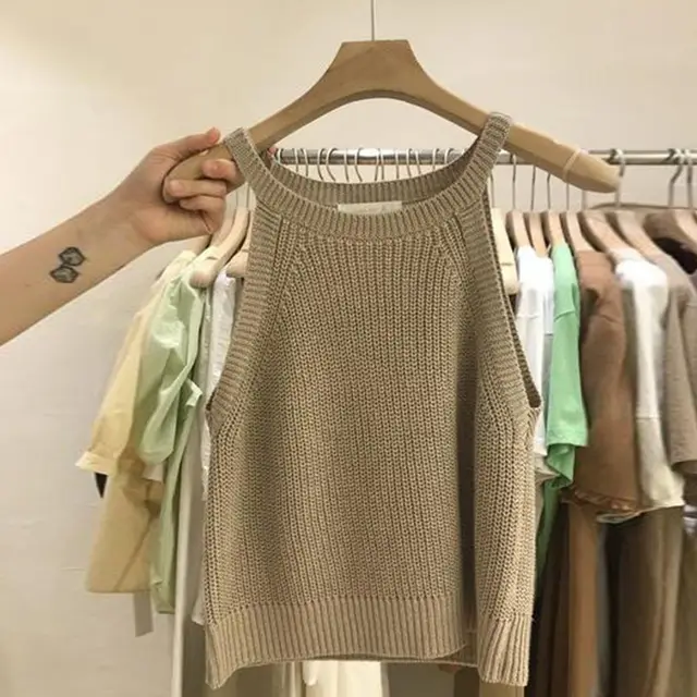 Knitted Suspender Short Off Shoulder Sleeveless Vest Khaki - Shop at LoveMi