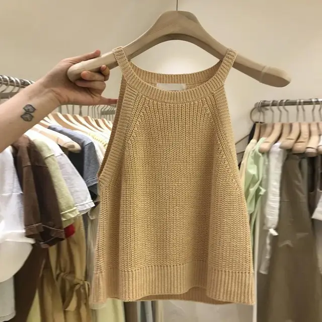 Knitted Suspender Short Off Shoulder Sleeveless Vest Light Brown - Shop at LoveMi