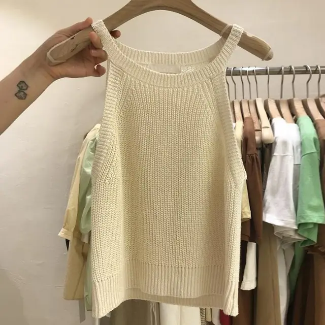 Knitted Suspender Short Off Shoulder Sleeveless Vest White - Shop at LoveMi