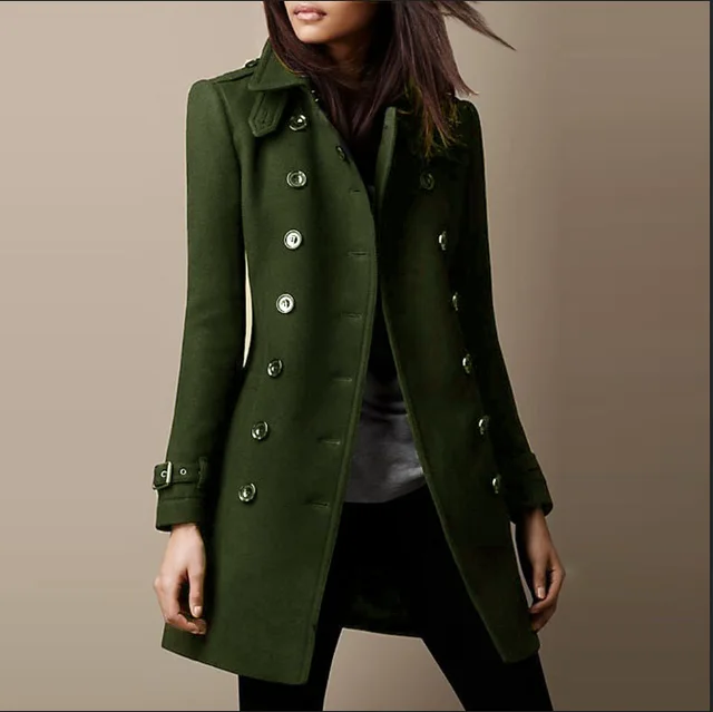 Streetwear Women Jackets Lined Double breasted Ladies Loose Wool Overcoat Elegant Lapel Solid Pocketed Coats For Autumn Winter Army Green - Shop at LoveMi