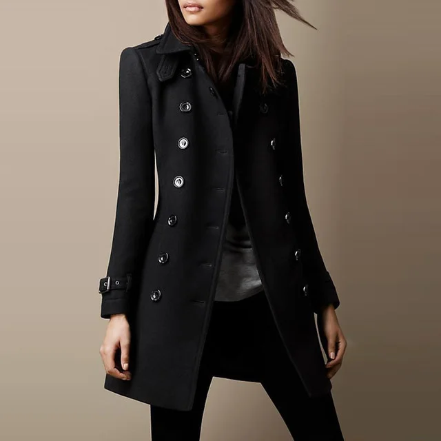 Streetwear Women Jackets Lined Double breasted Ladies Loose Wool Overcoat Elegant Lapel Solid Pocketed Coats For Autumn Winter Black - Shop at LoveMi