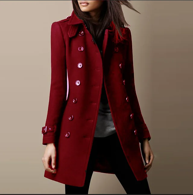Streetwear Women Jackets Lined Double breasted Ladies Loose Wool Overcoat Elegant Lapel Solid Pocketed Coats For Autumn Winter Red - Shop at LoveMi