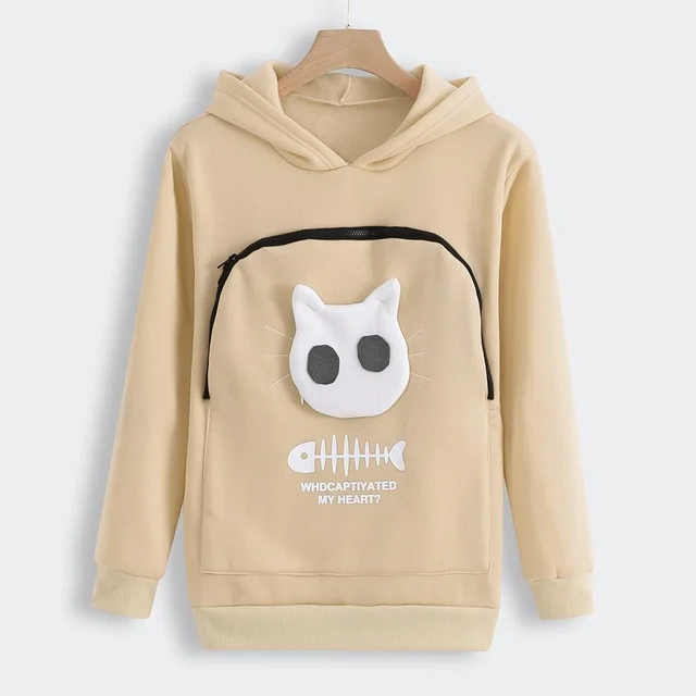 Cat Lovers Hoodie Kangaroo Dog Pet Paw Pullove Beige - Shop at LoveMi
