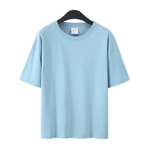 Pure Cotton Drop Shoulder Couple Short Sleeve Drop Shoulder Plus Size Solid Color Light Blue - Shop at LoveMi