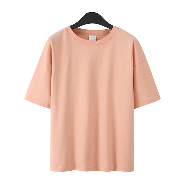 Pure Cotton Drop Shoulder Couple Short Sleeve Drop Shoulder Plus Size Solid Color Pink - Shop at LoveMi