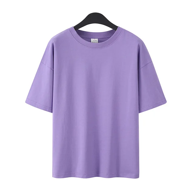 Pure Cotton Drop Shoulder Couple Short Sleeve Drop Shoulder Plus Fat Solid Color - Purple