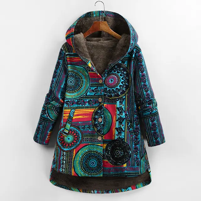 Retro Ethnic Floral Print Plus Size Cotton Jacket Blue - Shop at LoveMi