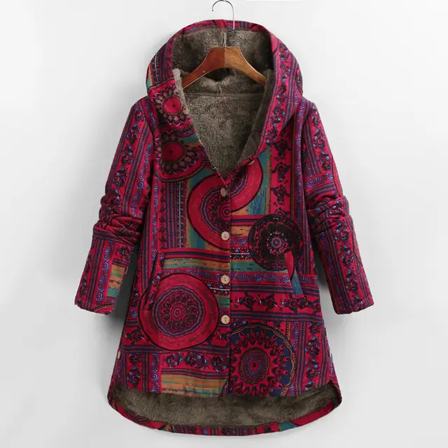 Retro Ethnic Floral Print Plus Size Cotton Jacket Wine Red - Shop at LoveMi