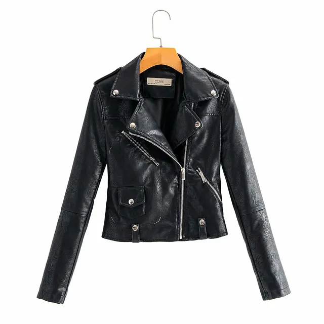 Leather Women's Short Fashion PU Small Slim Slim fit Motorcycle Leather Jacket Black - Shop at LoveMi