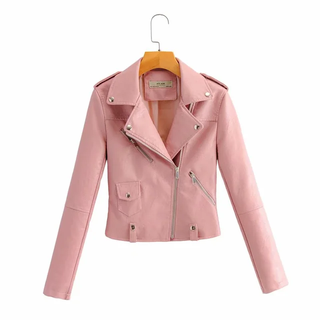 Leather Women's Short Fashion PU Small Slim Slim fit Motorcycle Leather Jacket Pink - Shop at LoveMi