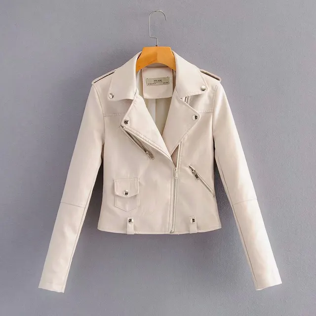 Leather Women's Short Fashion PU Small Slim Slim fit Motorcycle Leather Jacket White - Shop at LoveMi