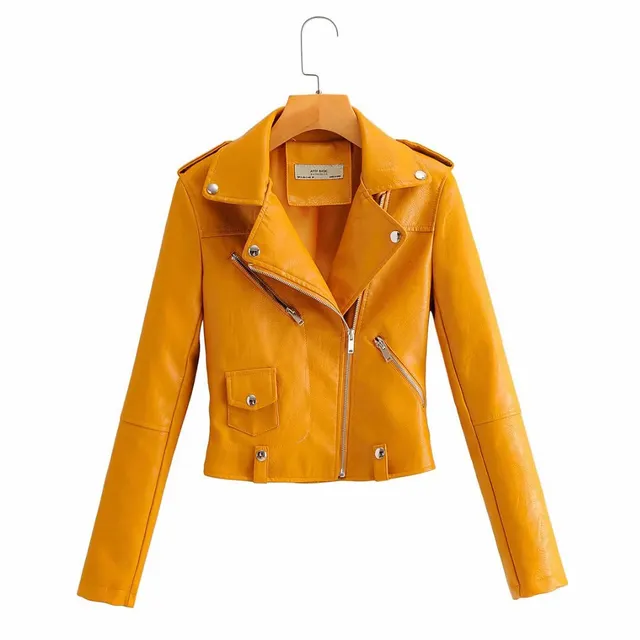 Leather Women's Short Fashion PU Small Slim Slim fit Motorcycle Leather Jacket Yellow - Shop at LoveMi