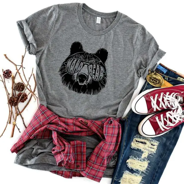 Letter Street Bear Face Print Short Sleeve Dark Grey - Shop at LoveMi