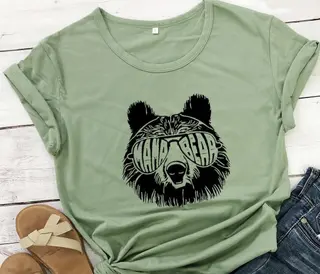 Letter Street Bear Face Print Short Sleeve - Green