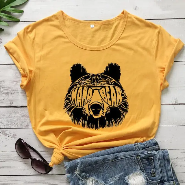 Letter Street Bear Face Print Short Sleeve Yellow - Shop at LoveMi
