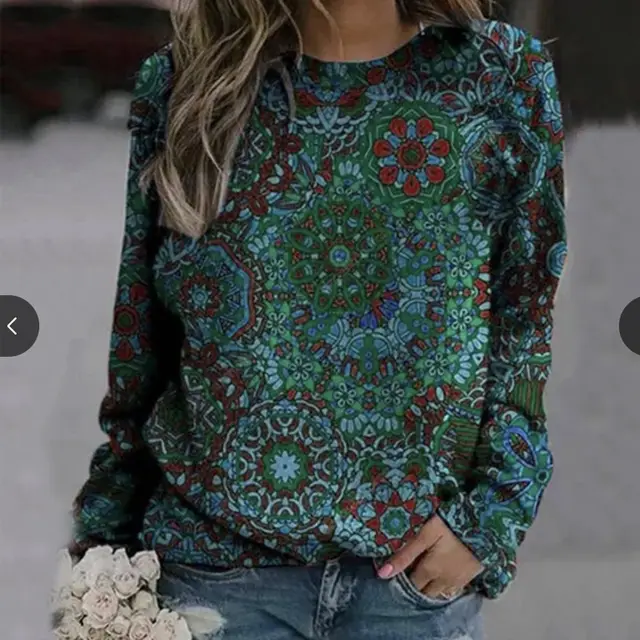 Turtleneck Printed Round Neck Long Sleeve Sweater Green - Shop at LoveMi