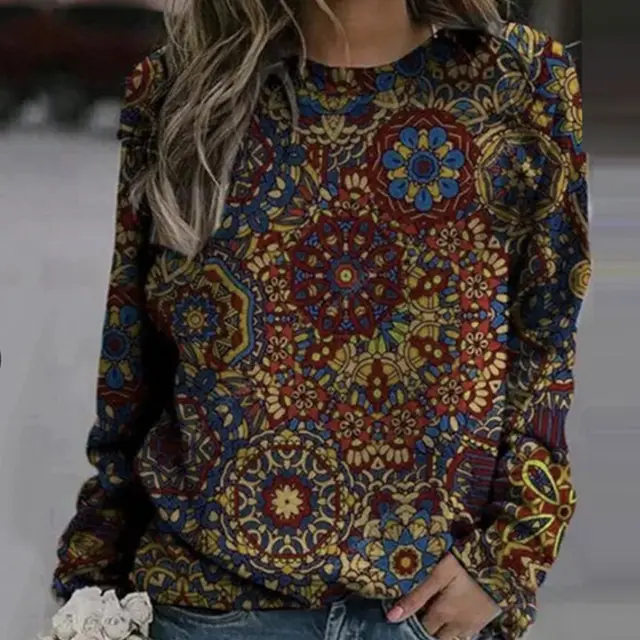 Ladies' Turtleneck Printed Round Neck Long Sleeve Sweatshirt Yellow - Shop at LoveMi
