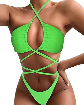Bikini Comfortable And Sexy Solid Color Long Rope One Piece Swimsuit Green - Shop at LoveMi