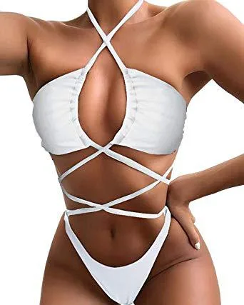 Bikini Comfortable And Sexy Solid Color Long Rope One Piece Swimsuit White - Shop at LoveMi