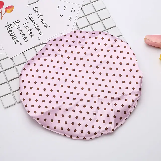 Double Layer Satin Cloth Waterproof Shower Cap Thickened Adult Ladies Wave Point Pink - Shop at LoveMi