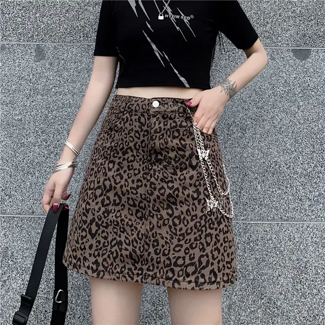 Harajuku Style Retro Denim Skirt High Waist Leopard Print Skirt Women - Shop at LoveMi