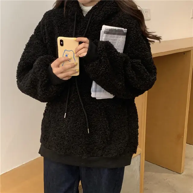 Lamb wool cute bear ear sweater Black - Shop at LoveMi