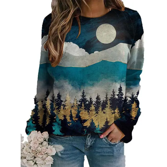 Pullover Round Neck Landscape Long sleeved Printed Sweater - Shop at LoveMi