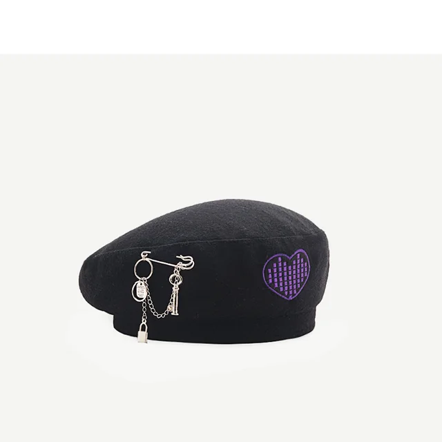 Hat Female Winter England Chain Beret Woolen Love Embroidery Warm Painter Hat Black - Shop at LoveMi