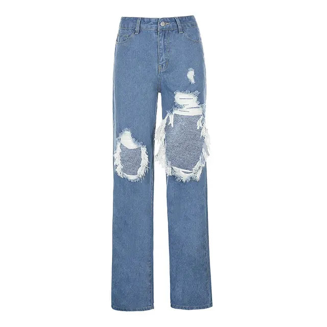 Street Shooting Personality Ripped Beggar Pants Ladies High Waist Straight Leg Pants Blue - Shop at LoveMi