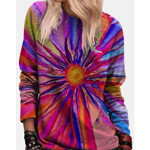 Loose Round Collar Tie dyed With Gradient, Colorful 3D Digital Print Hoodie Red - Shop at LoveMi