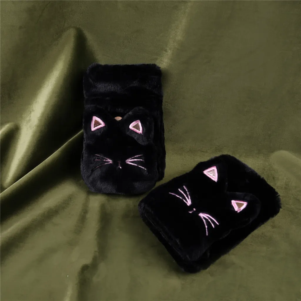 Cute Lucky Cat Bunny Plush Flip Lady Gloves - Black