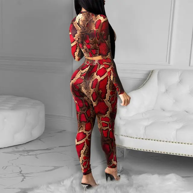 Two piece Skinny Snake Print Long sleeved Trousers Brown - Shop at LoveMi