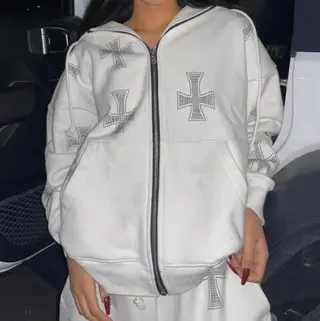 Hoodie Round Neck Loose Letter Rhinestone Zipper - 02.White