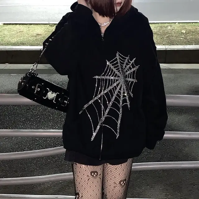 Hoodie Round Neck Loose Letter Rhinestone Zipper 03.Black - Shop at LoveMi