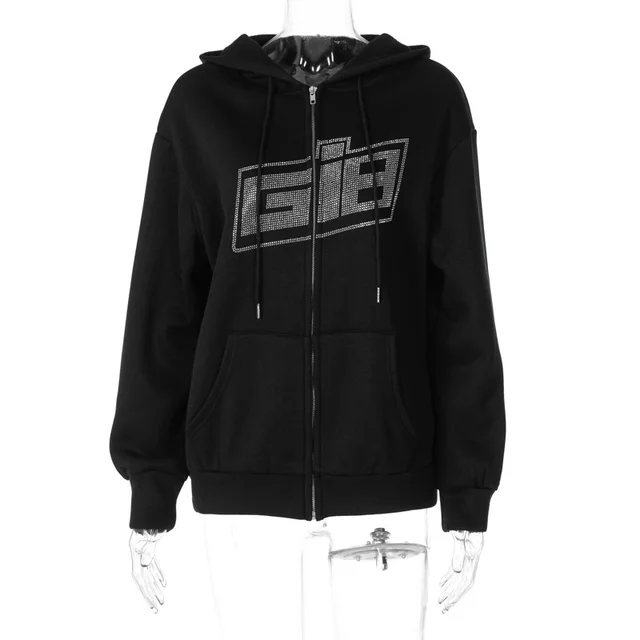 Hoodie Round Neck Loose Letter Rhinestone Zipper Black - Shop at LoveMi