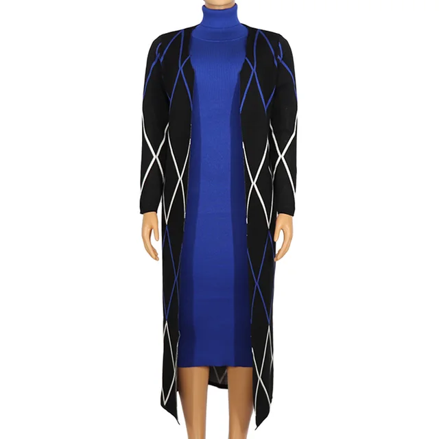 Knitted Sweater Suit Skirt Fashion Slim Big Size High Neck Loose Two Piece Suit Blue - Shop at LoveMi