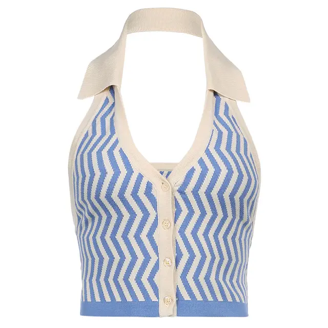 Blue and White Striped Sexy Halter Neck Deep V neck Knitted Vest Blue - Shop at LoveMi